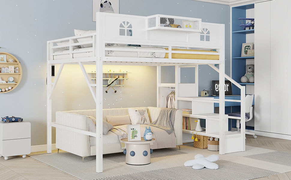 Queen Size Loft Bed with Stairs, Metal Queen Loft Bed with High and House Shaped Guardrails, High Loft Bed with Wardrobe for Kids Teens, White (Old SKU W2593S00038 Expect Arrival Date2026/3/7) image 7