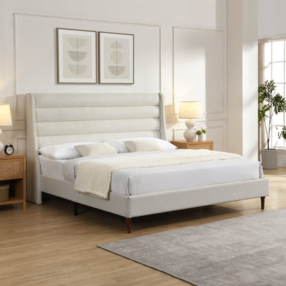 King Size Bed Frame High Headboard Upholstered Platform Bed with Wave - Shaped Headboard, Premium Chenille Fabric, Modern Minimalist Platform Bed No Box Spring Needed, Easy Assembly, Ivory image 3