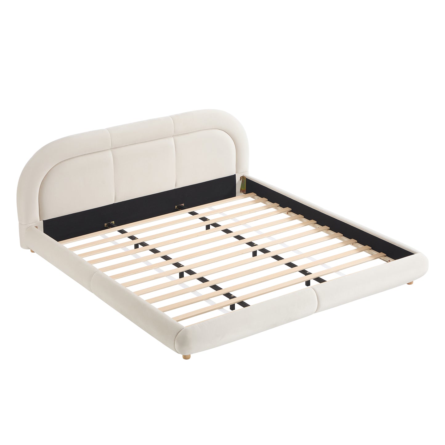 King Size,Modern Curved Upholstered Low Profile Platform Bed with Rounded Headboard(Velvet,Beige) image 11