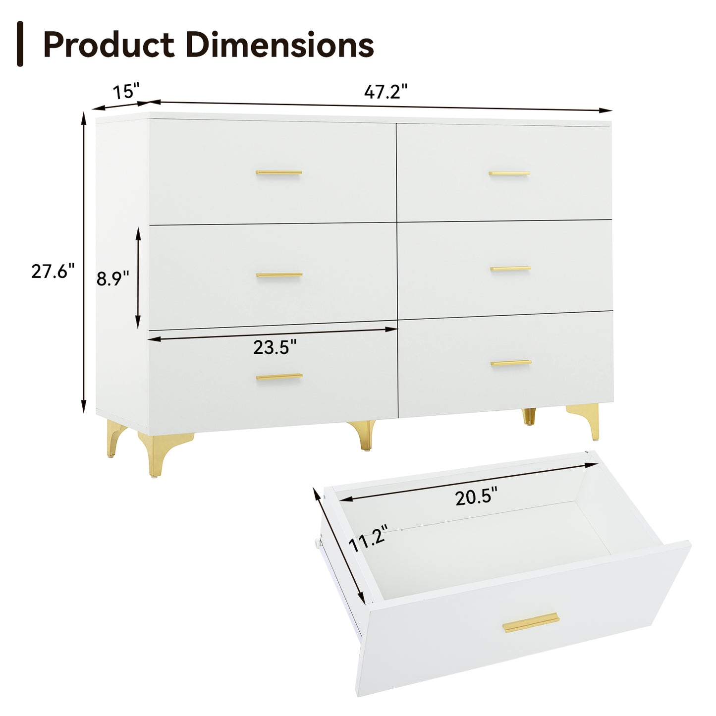 White 6 Drawer Dresser with Gold Handles & Metal Legs, Deep Storage Space, Modern Chest of Drawers, Wooden Dresser Tv Stand for TV Stand,Living Room, Hallway, Entryway image 7