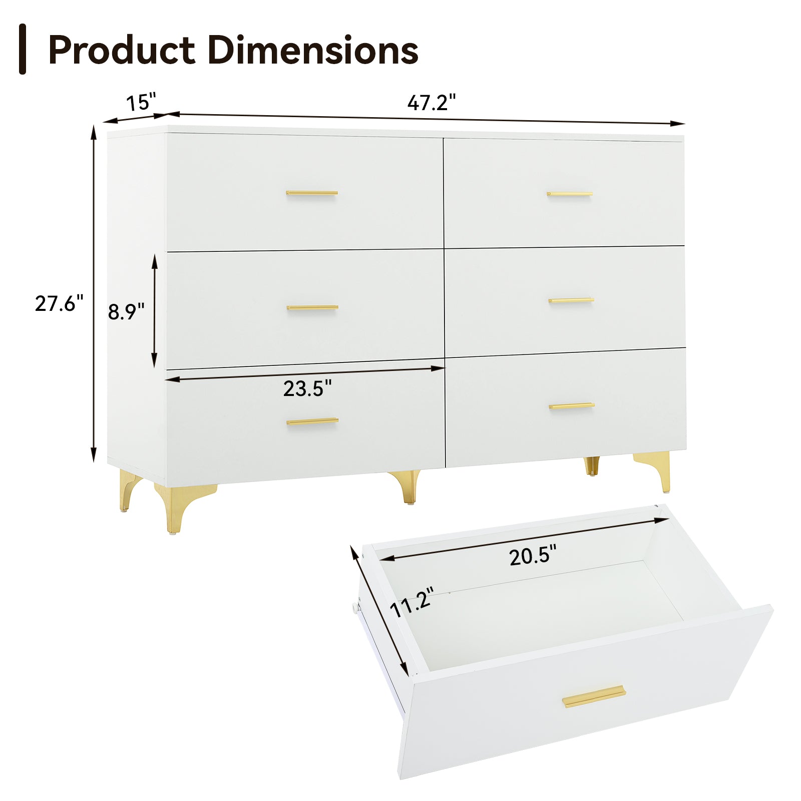 White 6 Drawer Dresser with Gold Handles & Metal Legs, Deep Storage Space, Modern Chest of Drawers, Wooden Dresser Tv Stand for TV Stand,Living Room, Hallway, Entryway image 7