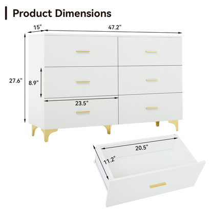 White 6 Drawer Dresser with Gold Handles & Metal Legs, Deep Storage Space, Modern Chest of Drawers, Wooden Dresser Tv Stand for TV Stand,Living Room, Hallway, Entryway image 7