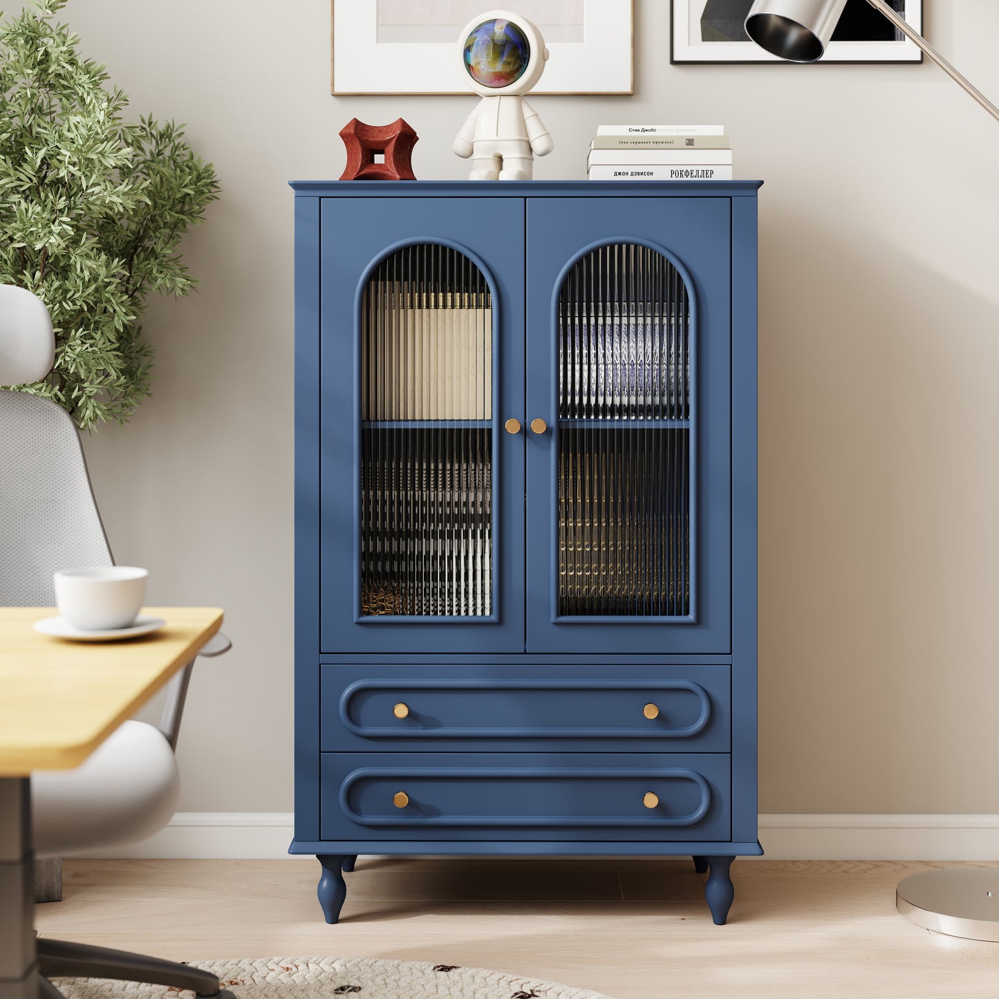 46.5'' Glass Display Cabinet with Ribbed Glass Doors,Wooden Curio Cabinet with 2 Drawers & Adjustable Shelf, Freestanding Buffet Cabinet Unit for Living Room Dining Room, Navy Blue image 2