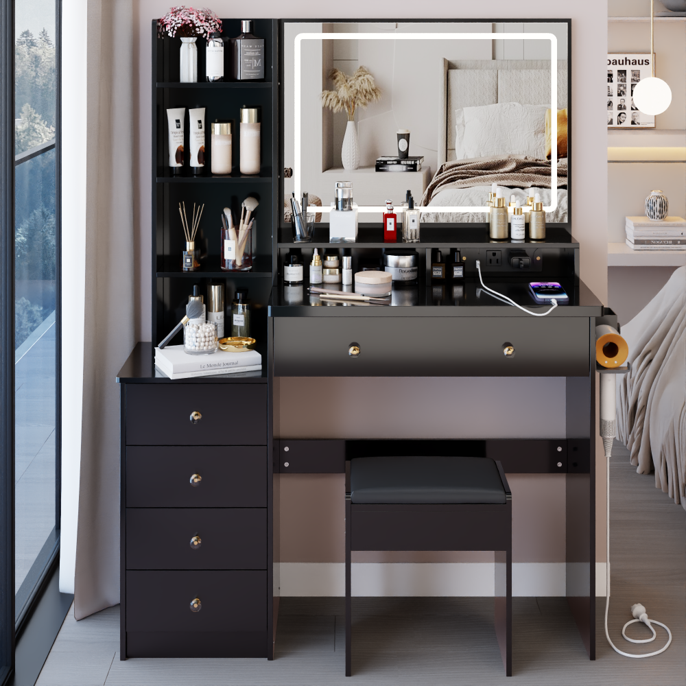 41" Large Vanity Table Set with Stool, USB & AC Power Stations