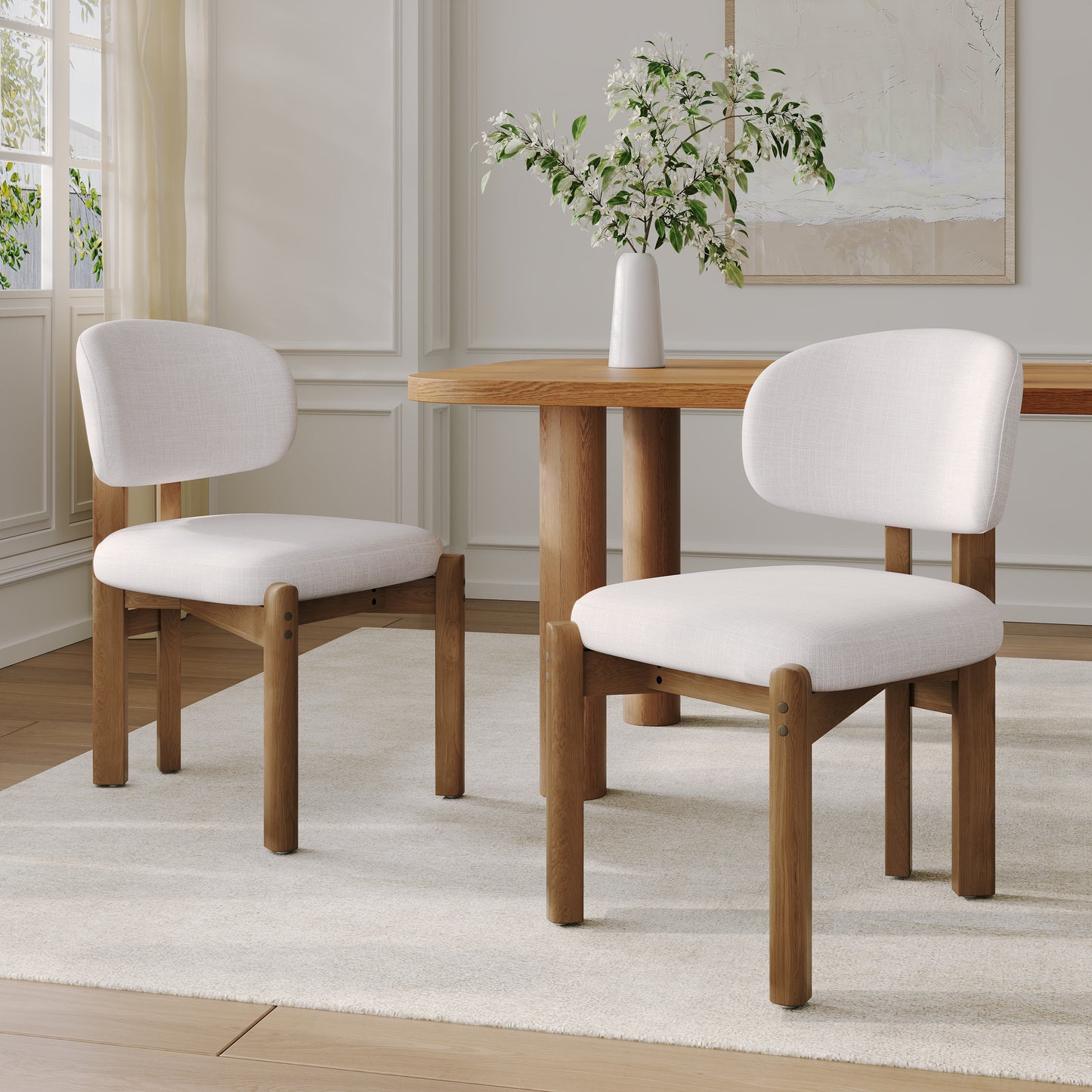 Beige Upholstered Mid-Century Walnut Finished Frame Dining Chairs (Set of 2) image 1