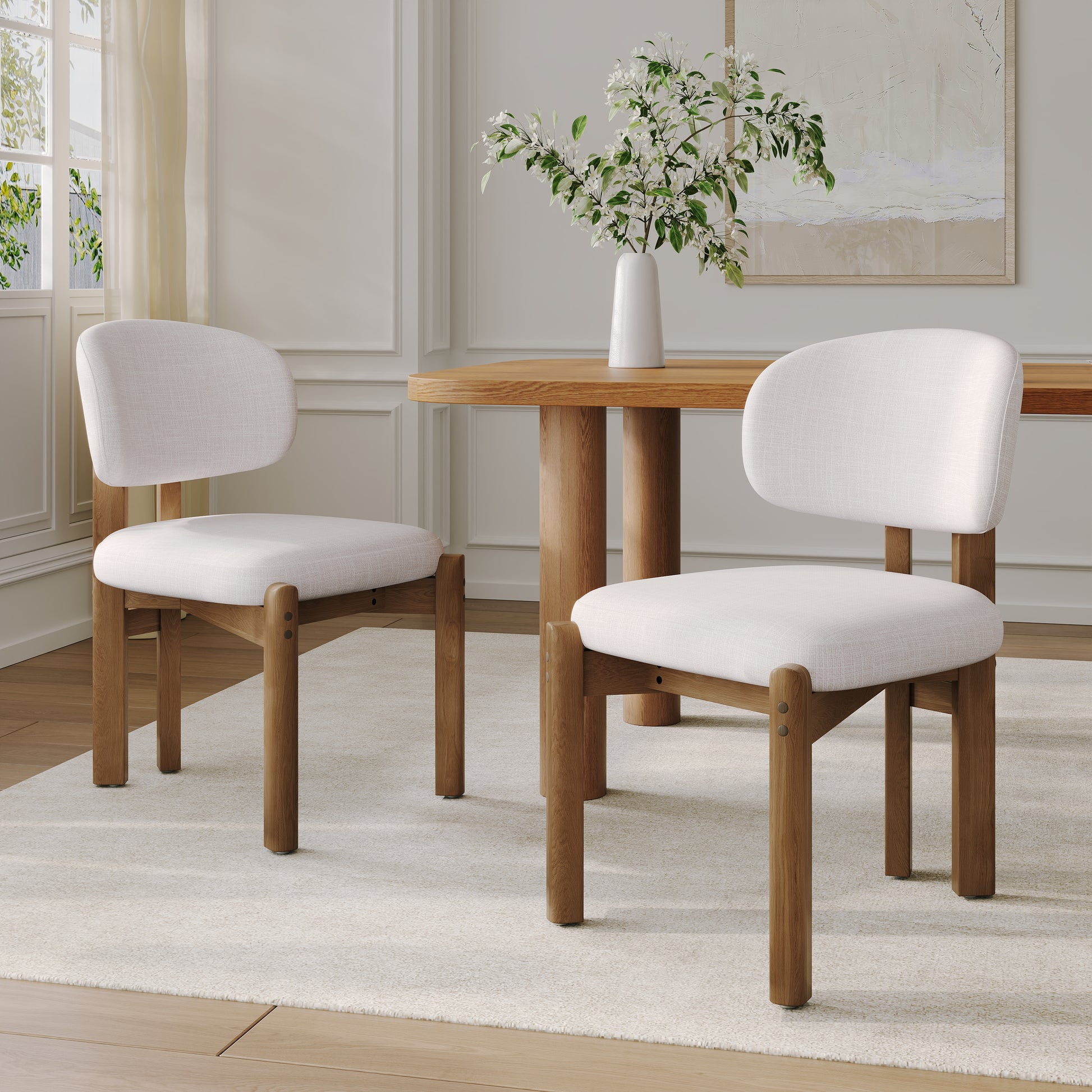 Beige Upholstered Mid-Century Walnut Finished Frame Dining Chairs (Set of 2) image 1