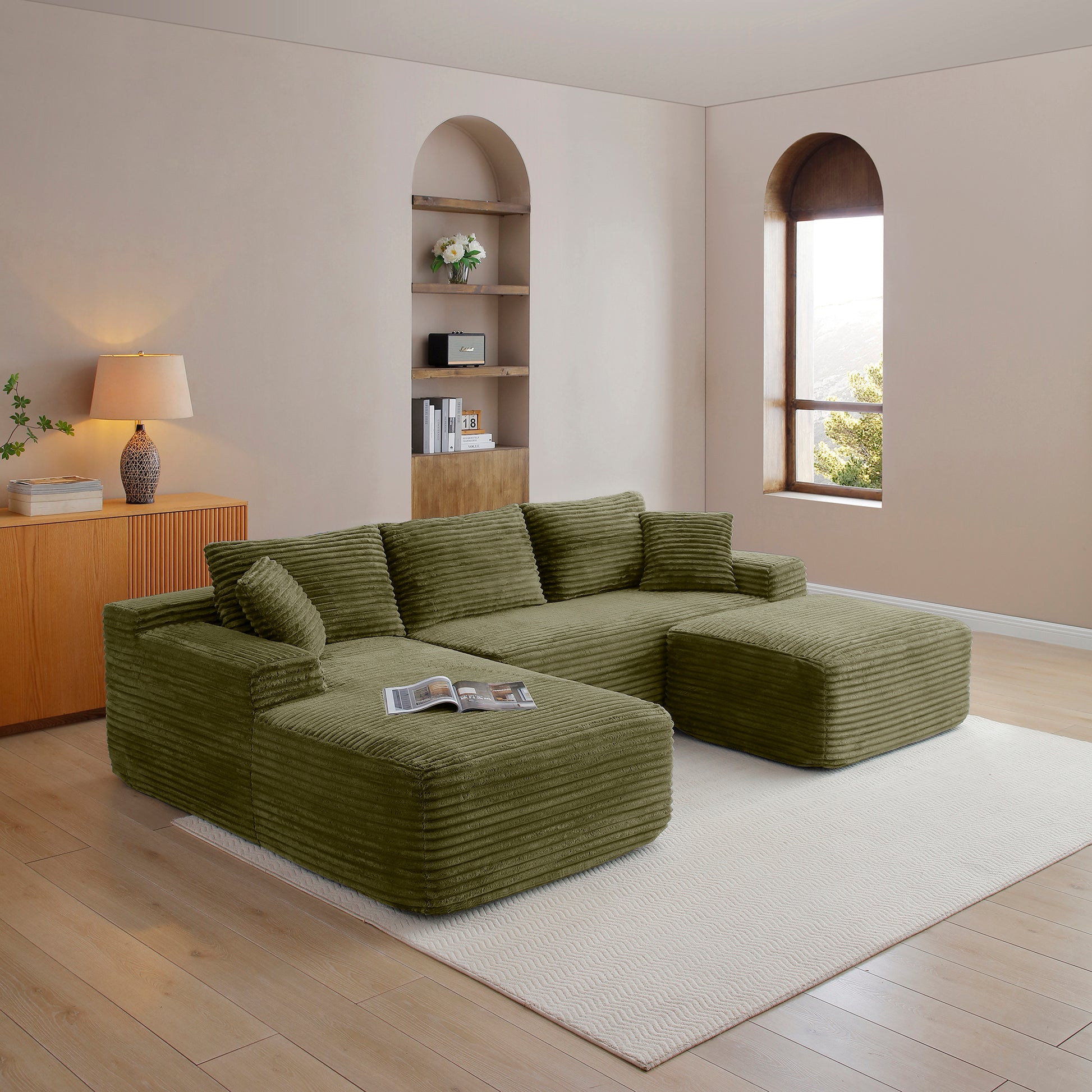Corduroy Ottoman, Upholstered Cloud Ottoman for Boneless Couch in A Box, Compressed Memory Foam Footrest No Assembly Require,Green image 2