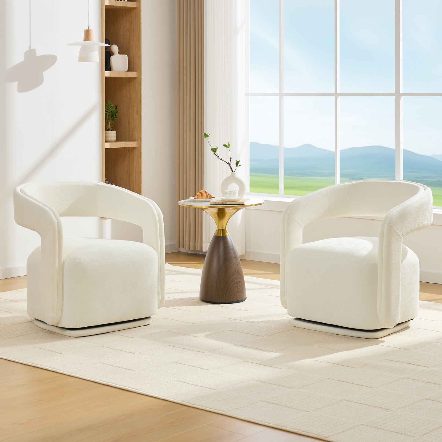 065-Chenille Fabric Swivel Accent Armchair, Comfy Barrel Leisure Chair With Curved Backrest, Upholstered Reading Chair With Black Swivel Base, 22-inch large seat depth and width, White image 10