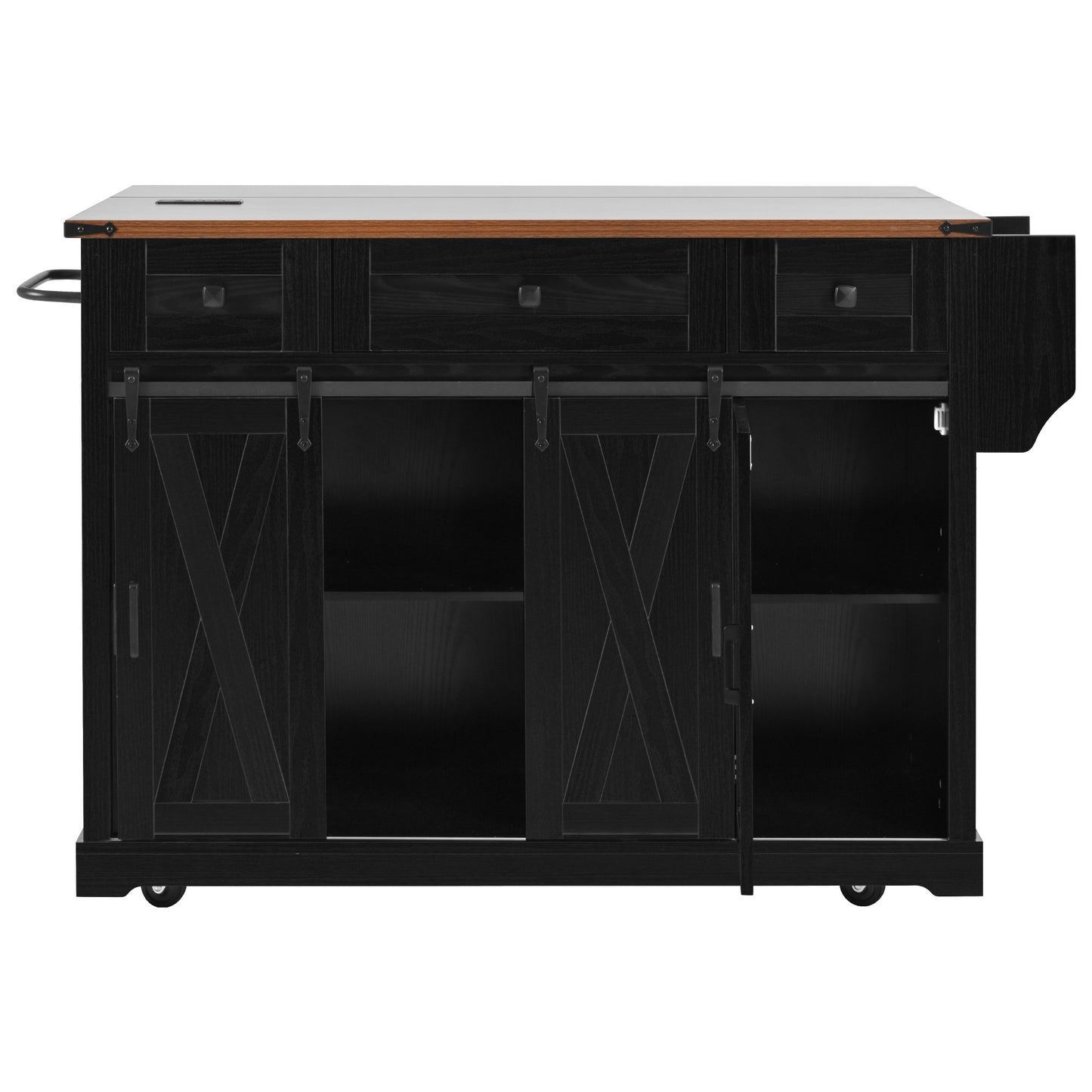 K&K 58" Farmhouse Kitchen Island with Storage, Sliding Barn Door & Metal Grid Side Door, Rolling Kitchen Island on 5 Wheels with Spice Rack, Glass Holders,Island Table with Drop Leaf for Kitchen,Black image 10