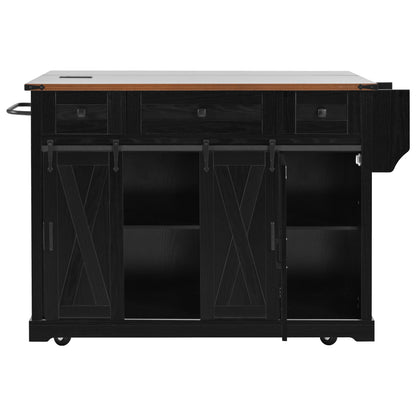K&K 58" Farmhouse Kitchen Island with Storage, Sliding Barn Door & Metal Grid Side Door, Rolling Kitchen Island on 5 Wheels with Spice Rack, Glass Holders,Island Table with Drop Leaf for Kitchen,Black image 10