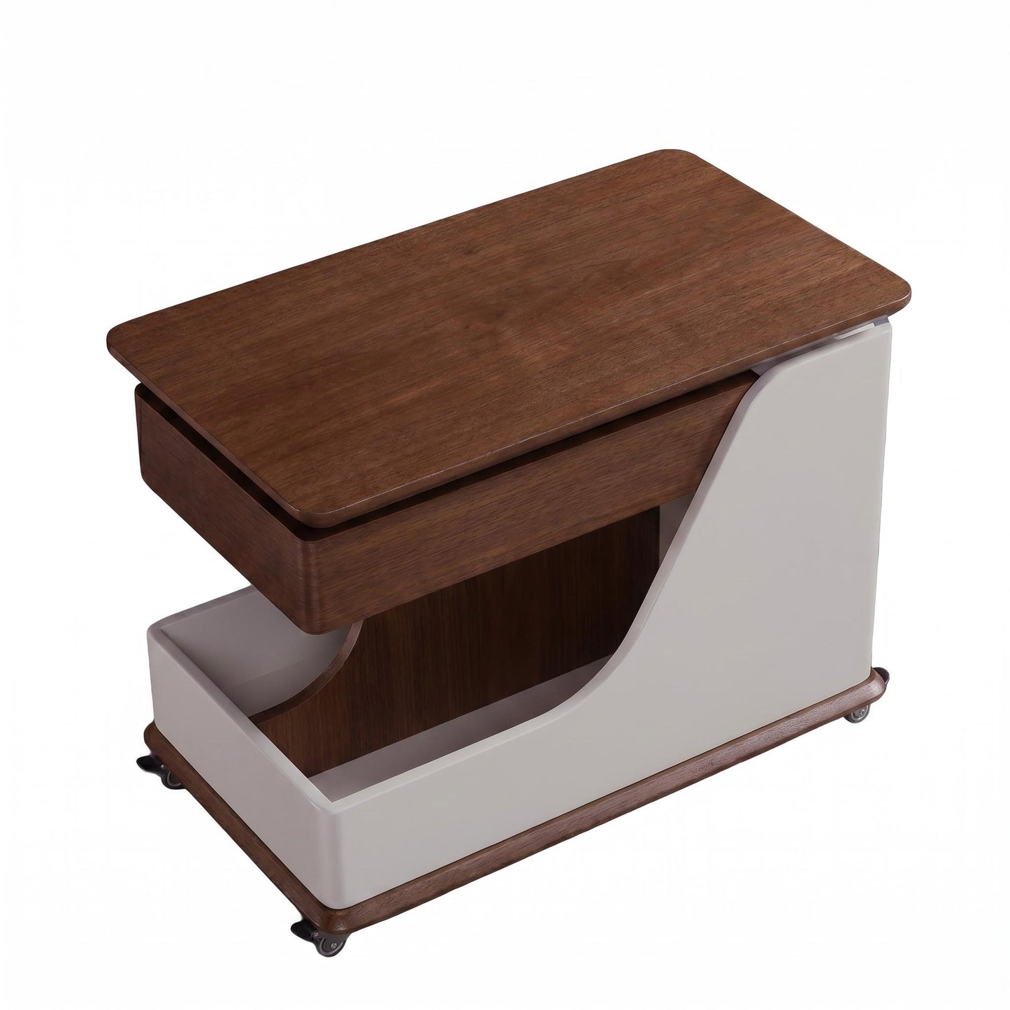 A small side table or coffee table with an adjustable height, suitable for the living room, balcony or bedroom. It is portable and features storage compartments, available in off-white and walnut. image 9