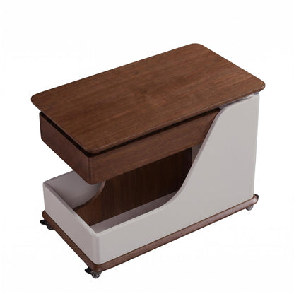 A small side table or coffee table with an adjustable height, suitable for the living room, balcony or bedroom. It is portable and features storage compartments, available in off-white and walnut. image 9