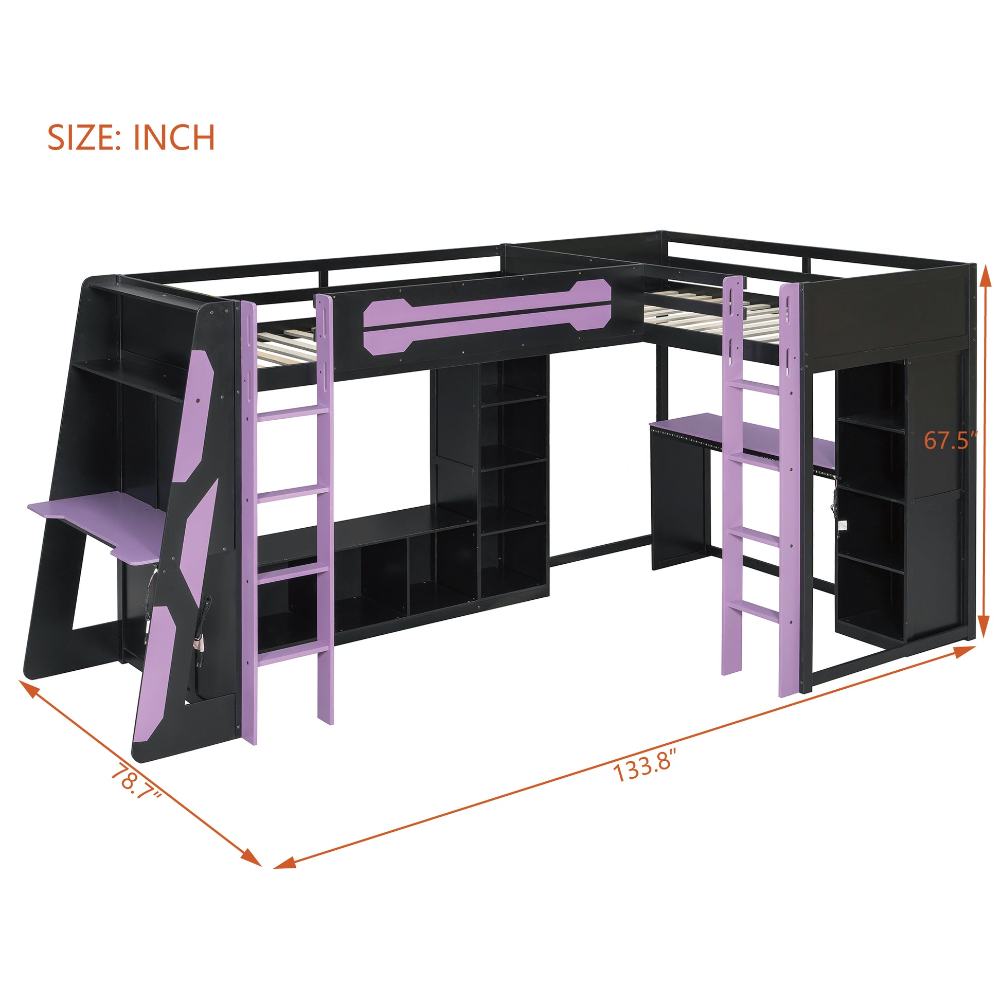 L-Shaped Wooden twin Size Gaming Bed Frame with RGB LED Lights, Dual twin Beds, USB Ports, TV Stand & Storage Shelves, Reversible Layout, Space-Saving Wood Loft Bed for Teens & Adults-Purple image 9