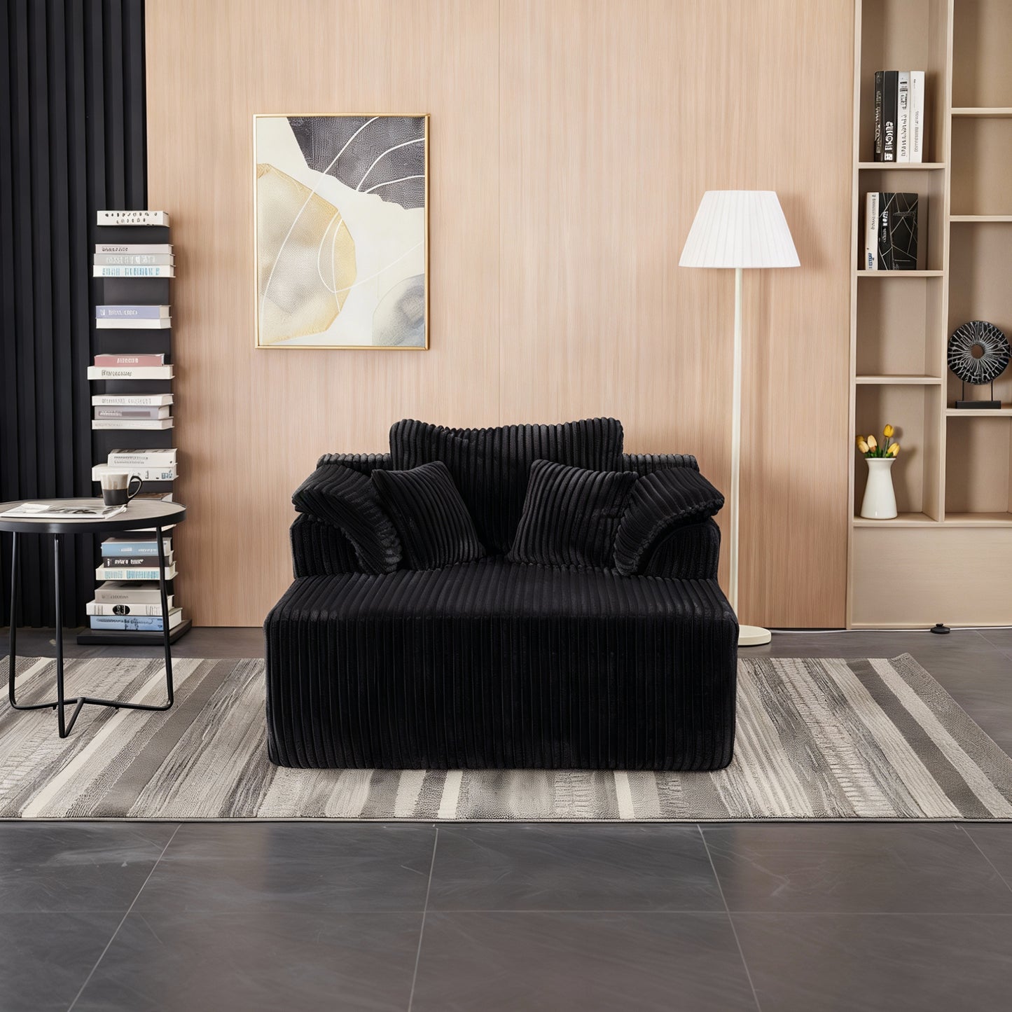 60 Inch Chaise Lounge Chair Indoor, Oversized Corduroy Upholstered Boneless Sofa Bed, Deep Seat Sleeper Couch Reading Chairs, Cloud Sofas Couches for Living Room, No Assembly Required (BLACK image 8