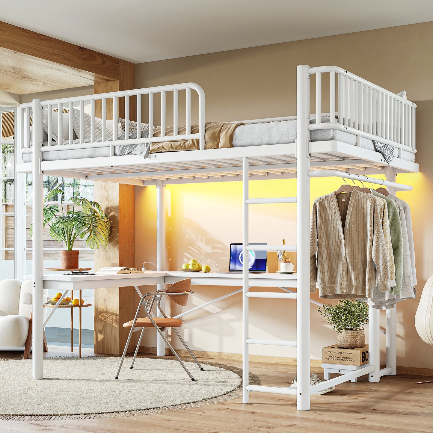 Queen Loft Bed with L-Shaped Desk,LED Light Strip and Charge Station, Metal Loft Bed with Computer Mainframe Tray and Hanging Area, Special Round Pipe Design, White image 3
