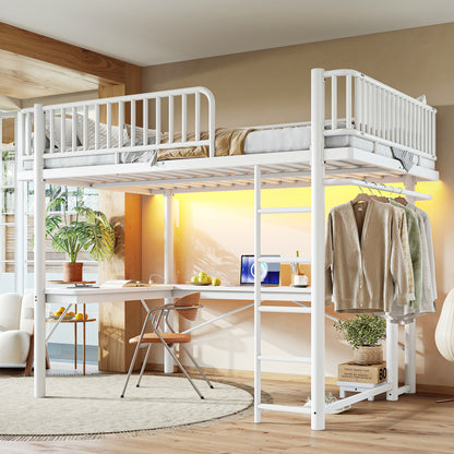 Queen Loft Bed with L-Shaped Desk,LED Light Strip and Charge Station, Metal Loft Bed with Computer Mainframe Tray and Hanging Area, Special Round Pipe Design, White image 3