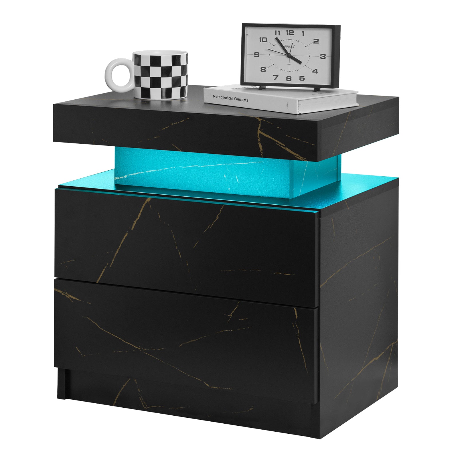 Nightstand LED Bedside Table Cabinet Lights Modern End Side with 2 Drawers for Bedroom (Black Gold) image 8
