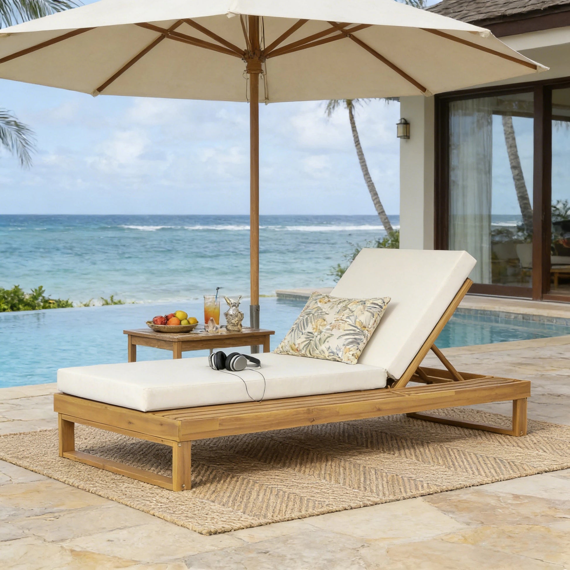 Teak Finish Acacia Wood Chaise Lounge with 4-Inch Cream 2-Fold Cushion Set, 4-Position Adjustable Outdoor Patio Lounger with Flat Side Surface, for Poolside - Matching dark grey version available image 5