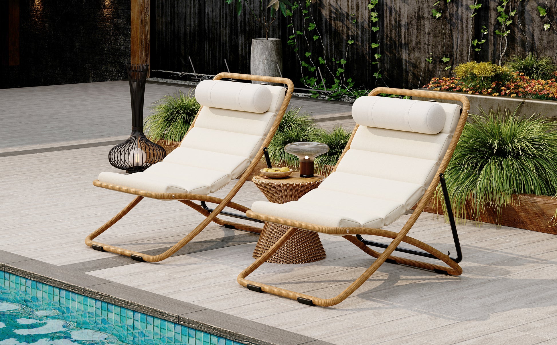 TREXM 2-Pieces Outdoor Folding Chair, Rattan-Wrapped Patio Chair with Adjustable Backrest, Thick Cushion, and Detachable Headrest,for the Poolside, Beach, Backyard, Decck, and Camping (Yellow) image 3