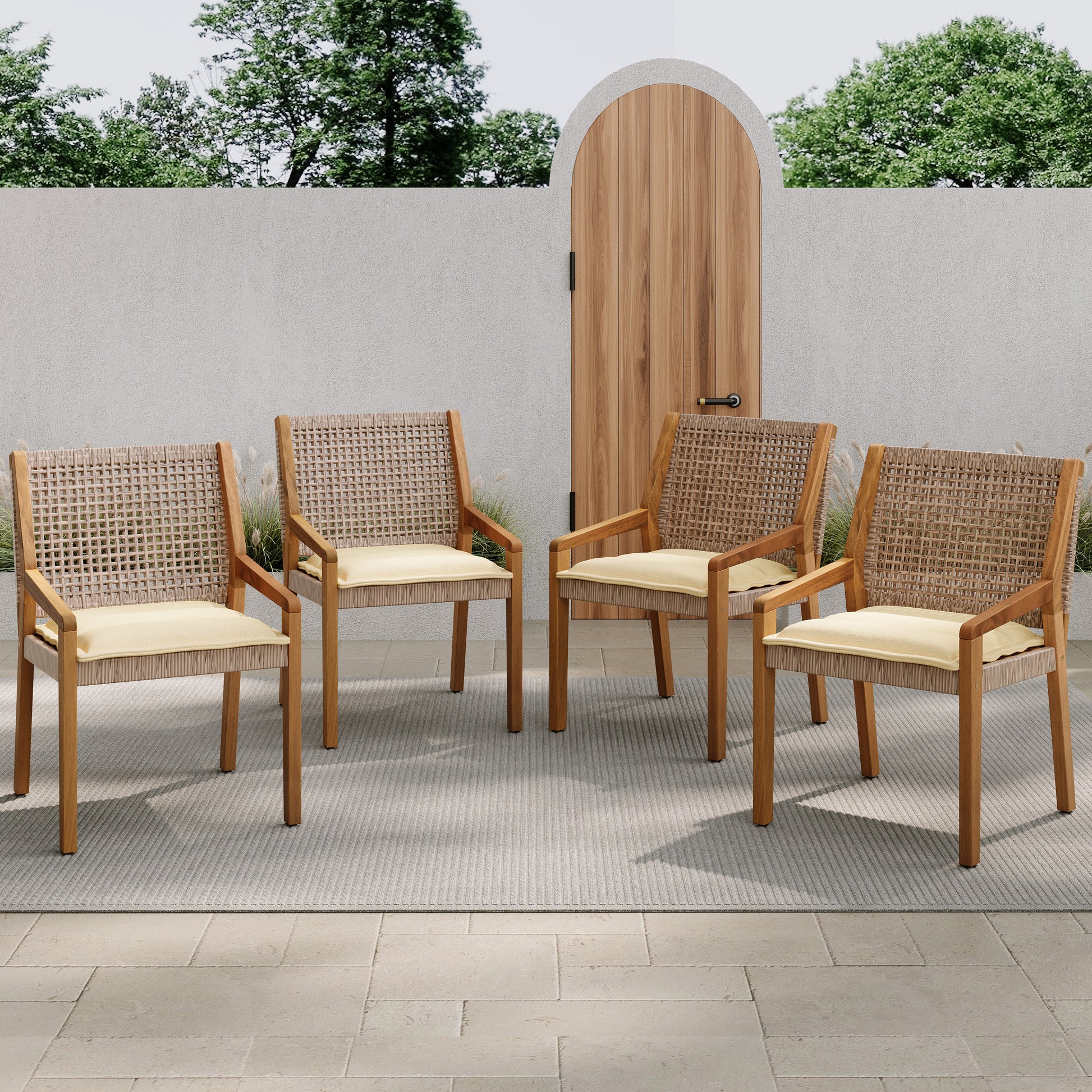 OUTDOOR DINING CHAIR SET-Acacia Wood and Wicker with Cream Cushion Patio Furniture-Teak finish & wicke Brown,Suitable for large gatherings-set of 4(N770P272397G(2-box)) image 1
