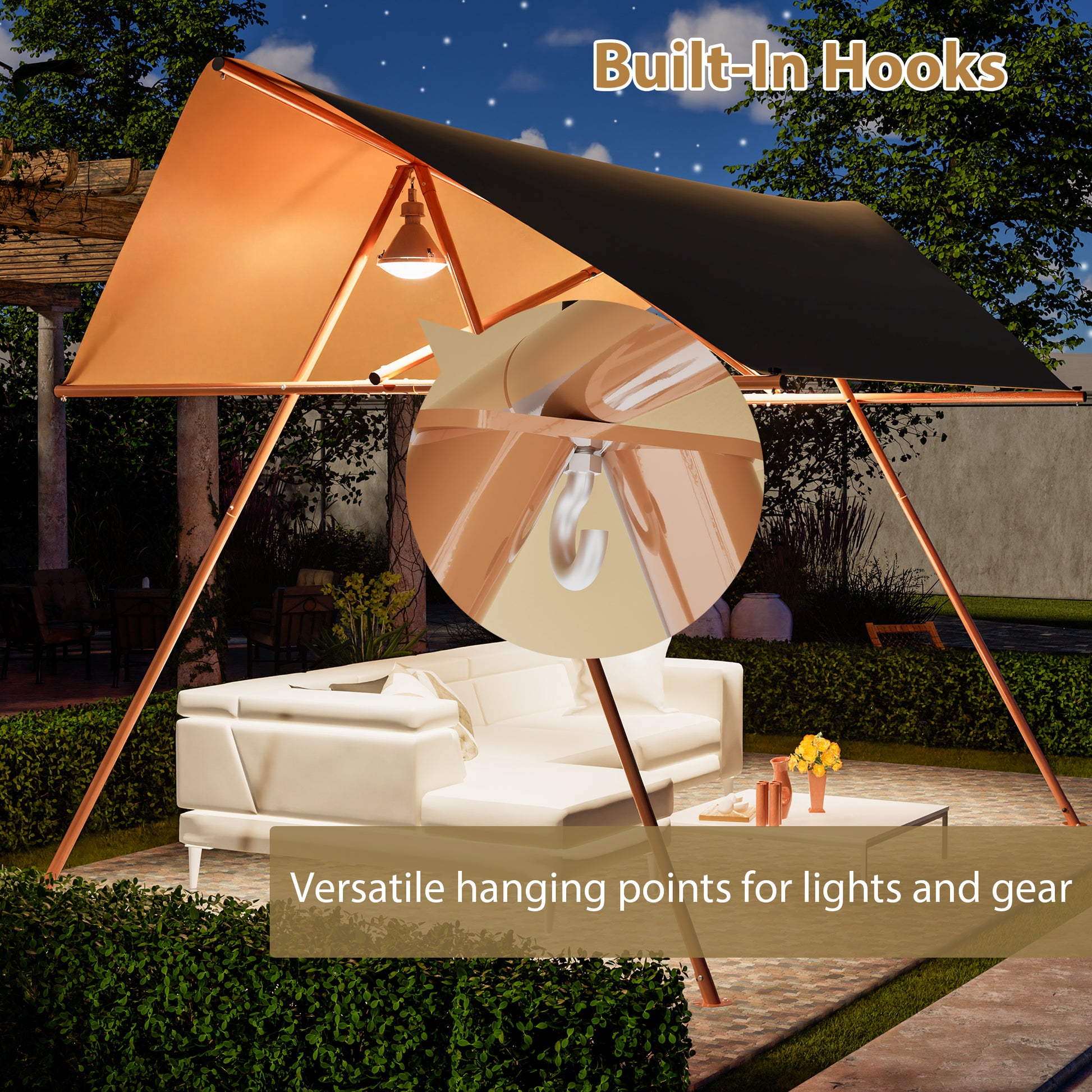 Hexagonal Shade Sail Canopy, Large 206"x118" UV Block Sun Shade with UPF 50+, Waterproof High-Density Polyester Fabric, Brown Rust-Resistant Poles & Built-in Hooks for Patio Backyard – Light Khaki image 7
