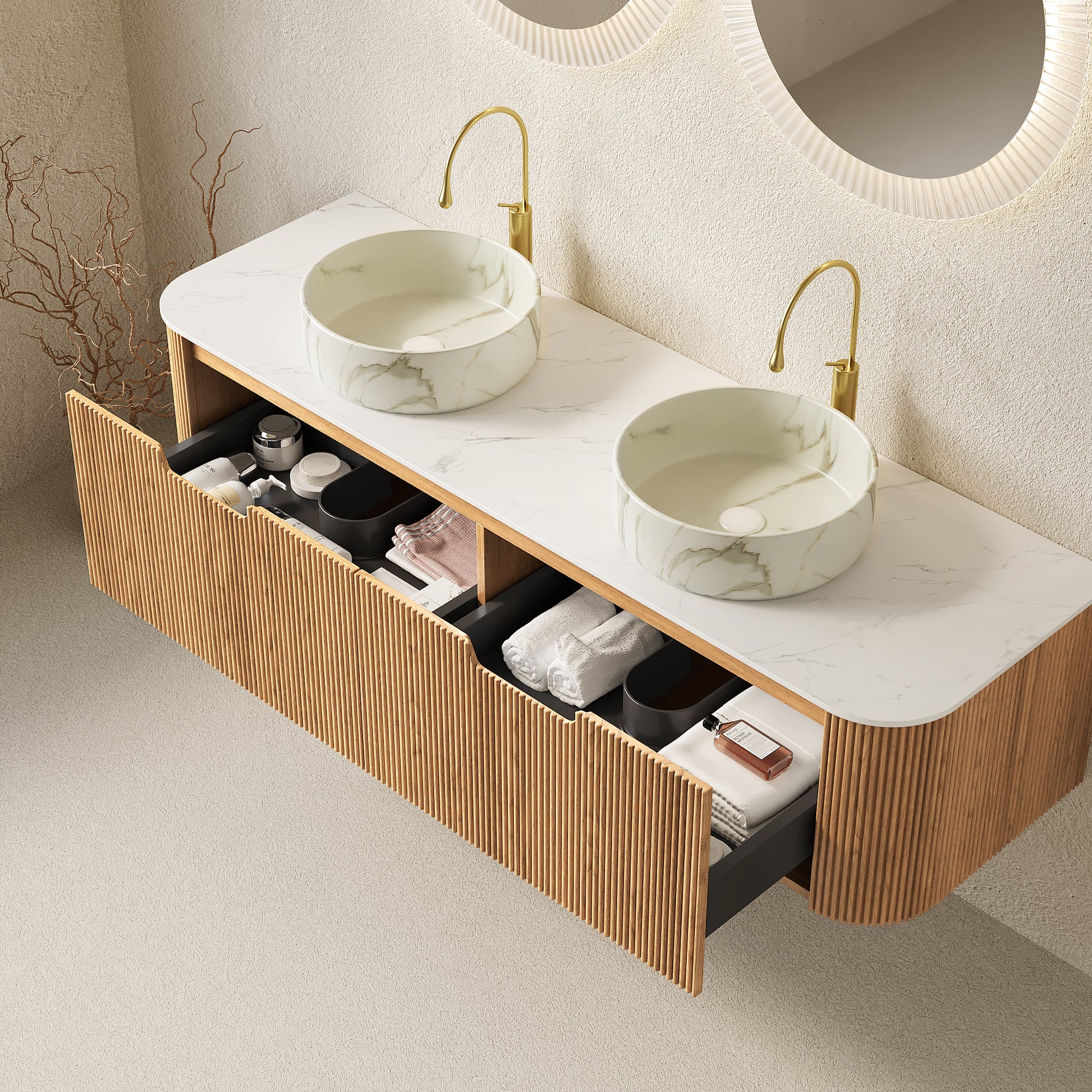 DINA 60" Bathroom Vanity&Sinks, Floating Curved Edges Striped Storage Cabinet with 2 Drawers, 2 Stone White Round Ceramic Basins&Carrara White Sintered Stone Top, Pre-assembled, Natural Woodgrain image 2