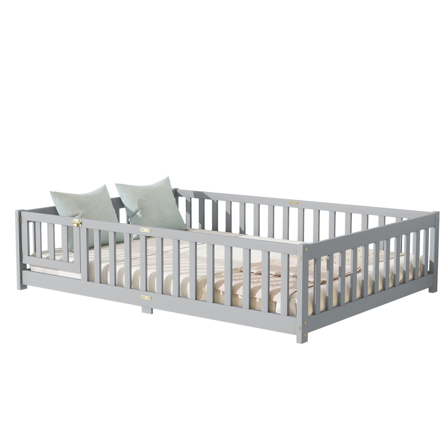 Full Size Floor Bed with Fence and Door,Rubber Wood Floor Bed with Safety Guardrails,Grey image 12