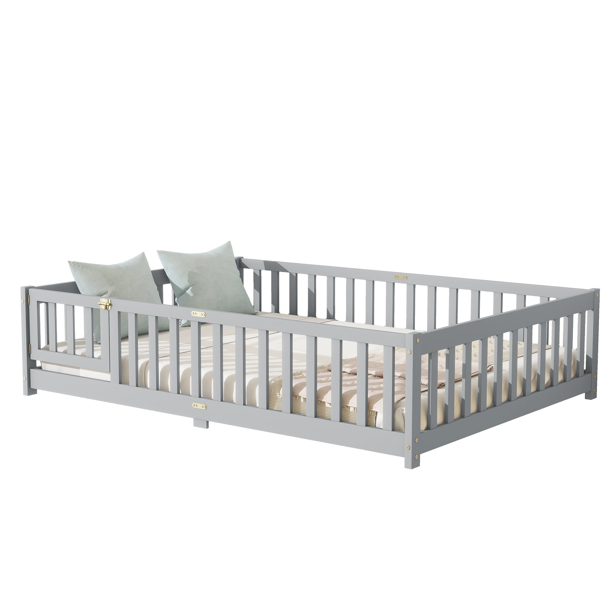 Full Size Floor Bed with Fence and Door,Rubber Wood Floor Bed with Safety Guardrails,Grey image 12