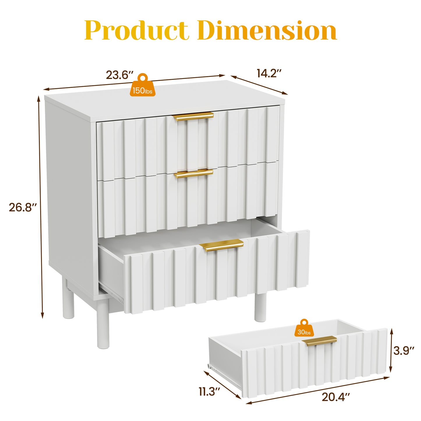 3 Drawer Dresser with Fluted Panel Design, Modern Wood Chest of Drawers with Chic Edge Pull, Large Nightstand Side Table, Wood Storage Organizer for Bedroom, Living Room, Entryway, White image 3