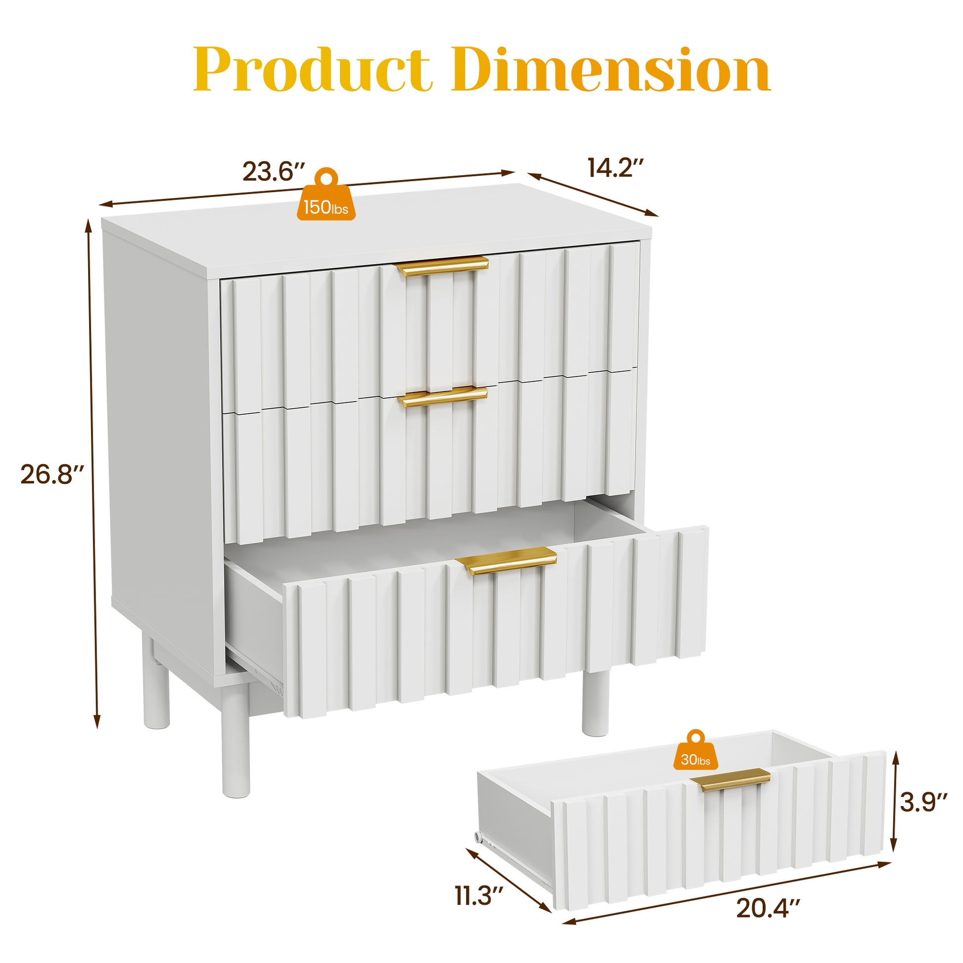 3 Drawer Dresser with Fluted Panel Design, Modern Wood Chest of Drawers with Chic Edge Pull, Large Nightstand Side Table, Wood Storage Organizer for Bedroom, Living Room, Entryway, White image 3