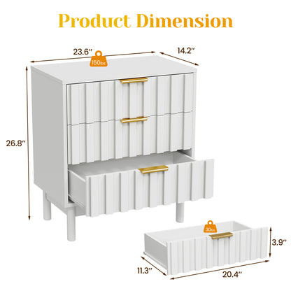 3 Drawer Dresser with Fluted Panel Design, Modern Wood Chest of Drawers with Chic Edge Pull, Large Nightstand Side Table, Wood Storage Organizer for Bedroom, Living Room, Entryway, White image 3