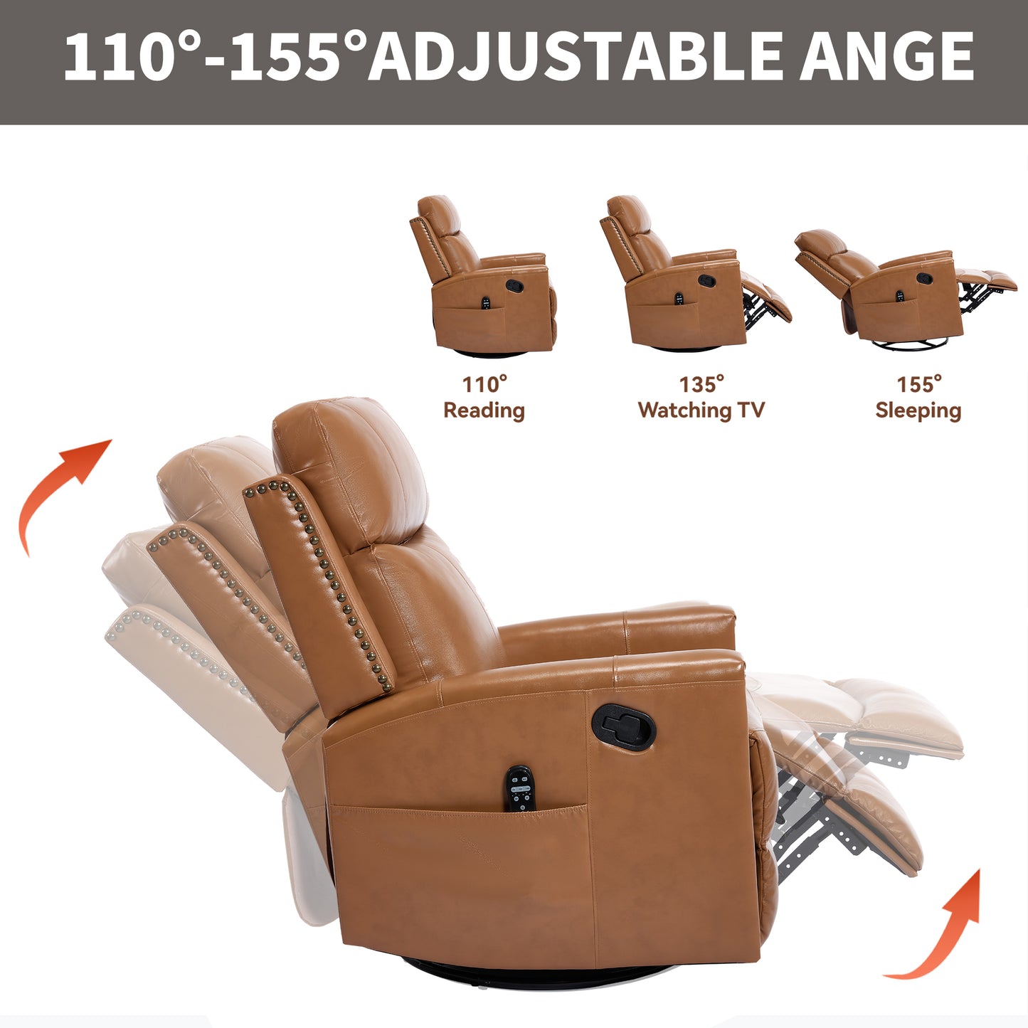 Orange Gnuine Leather Heat Massage Manual Recliner Chair with Rocker and Swivel for Living Room image 5