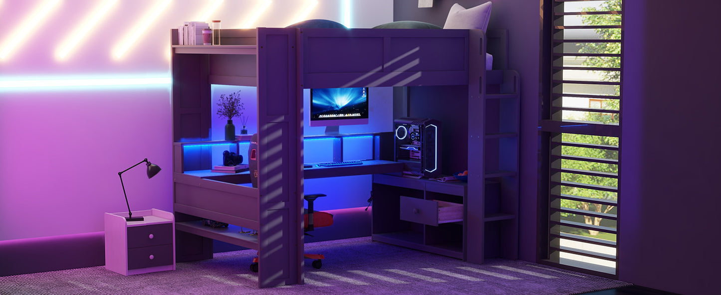 Wood Full Size Gaming Loft Bed with Desk, Multi-storage Shelves, LED and Charging Station, Dark Gray(Old SKU:SM000374AAE) image 12