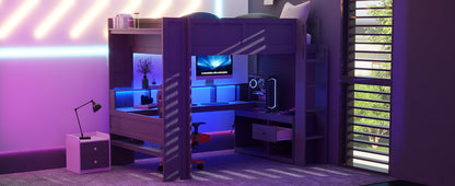 Wood Full Size Gaming Loft Bed with Desk, Multi-storage Shelves, LED and Charging Station, Dark Gray(Old SKU:SM000374AAE) image 12