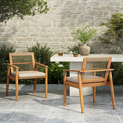 Outdoor Dining Chairs Set of 2, Acacia Wood Patio Armchair with Multi Brown Rope Design Back and Arms and Beige Washable Cushion,for Backyard, Poolside, Garden,Light teak image 7
