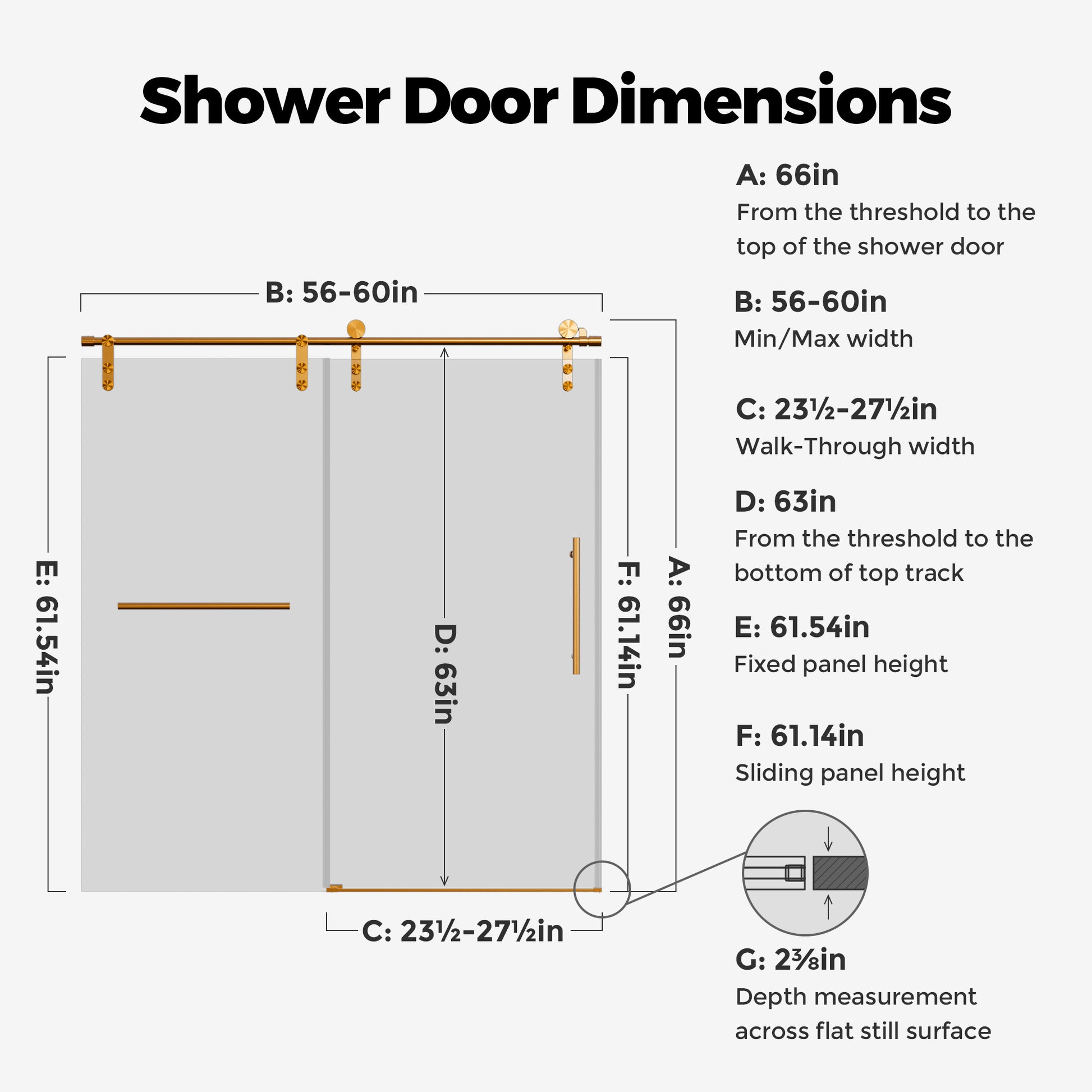 56-60" W * 66" H Frameless Single Sliding Shower Doors, Bathroom Sliding Shower Door With Towel Rail And Auxiliary Handle, 5/16" (8mm) Thick SGCC Tempered Glass Door, Brushed Gold (No Soft-Close) image 10