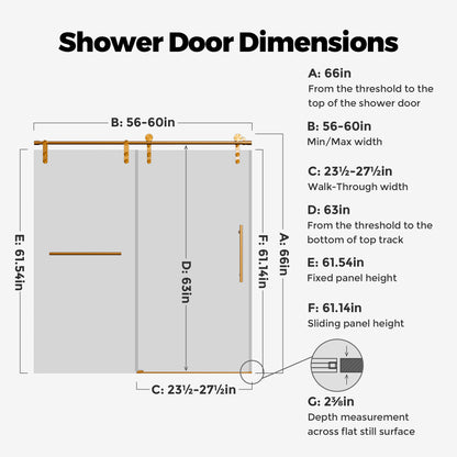 56-60" W * 66" H Frameless Single Sliding Shower Doors, Bathroom Sliding Shower Door With Towel Rail And Auxiliary Handle, 5/16" (8mm) Thick SGCC Tempered Glass Door, Brushed Gold (No Soft-Close) image 10