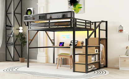 Queen Loft Bed with Desk and Charging Station, Queen Size Metal Loft Bed with Stairs and Light for Kids Teens, Black, Patent Products(OldSKU W2580S00044) image 7