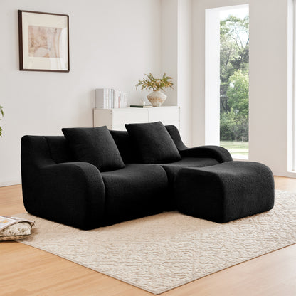 L-Shaped Teddy Fabric 2-Seat Boneless Sofa,No Assembly Required Curved Armrest,Streamlined Design Ergonomic Design,32D High Density Sponge For Living Rooms Rest Areas Bedroom,Black image 1
