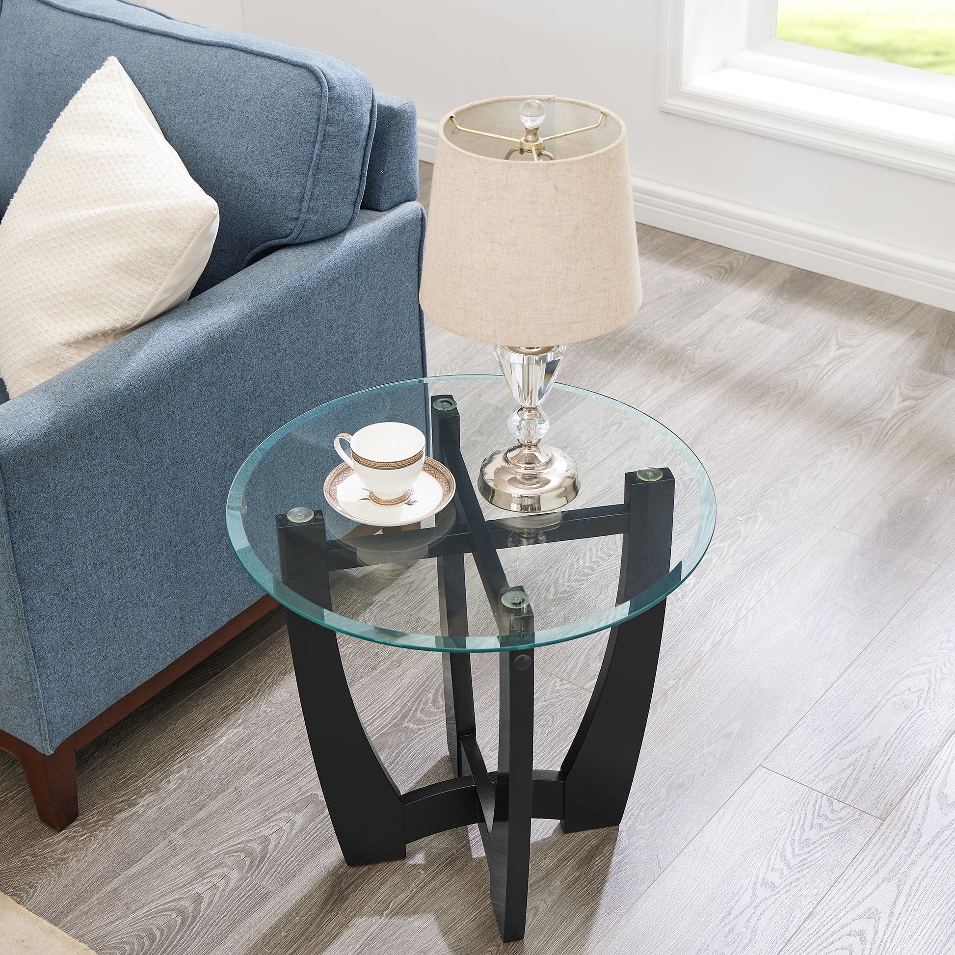 23.5 inch round glass coffee table, black round coffee table center table with glass top, small coffee table for living room, office and apartment image 2