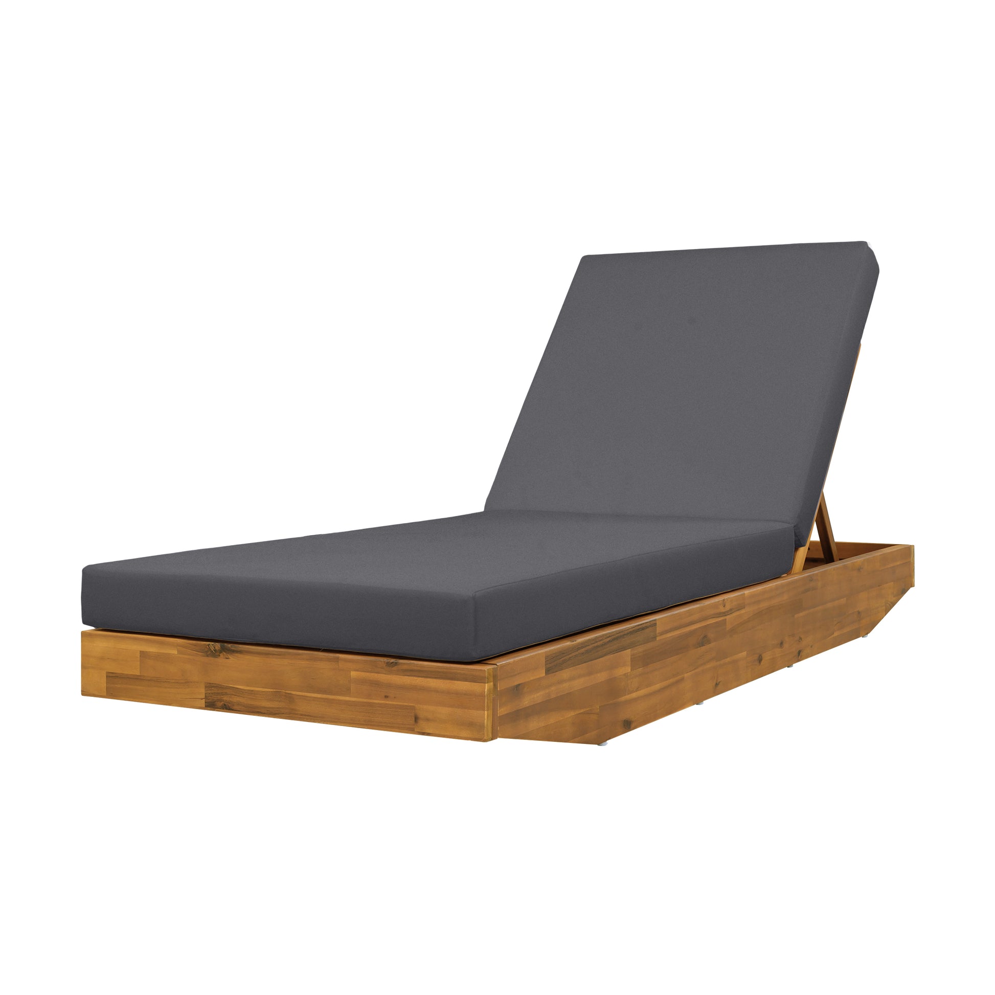 Acacia Wood Chaise Lounge with Cushion - Teak Finish Outdoor Recliner with Dark Grey Water-Repellent Cushion, 79.6" L x 29" W, 300 lbs image 9