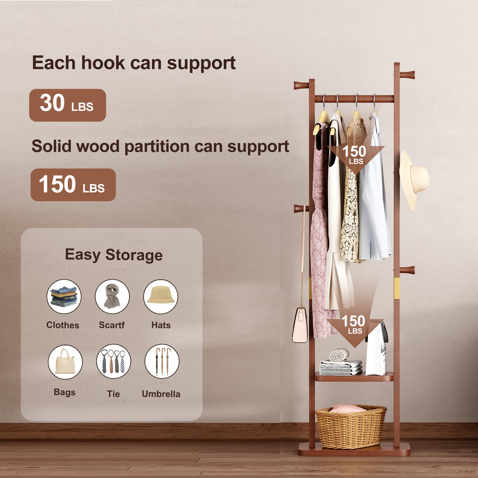 Coat Racks solid wood hanger 23.6* 11*70.8in Solid environmental protection easy to assemble beautiful can be placed in the bedroom/entrance/living room (Walnut) image 2