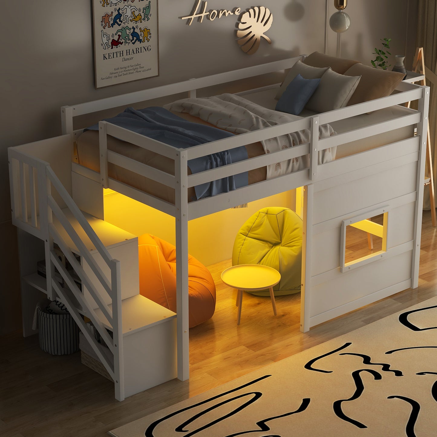 Twin Size Loft Bed with Storage Staircase and Window, With LED Light, White image 1