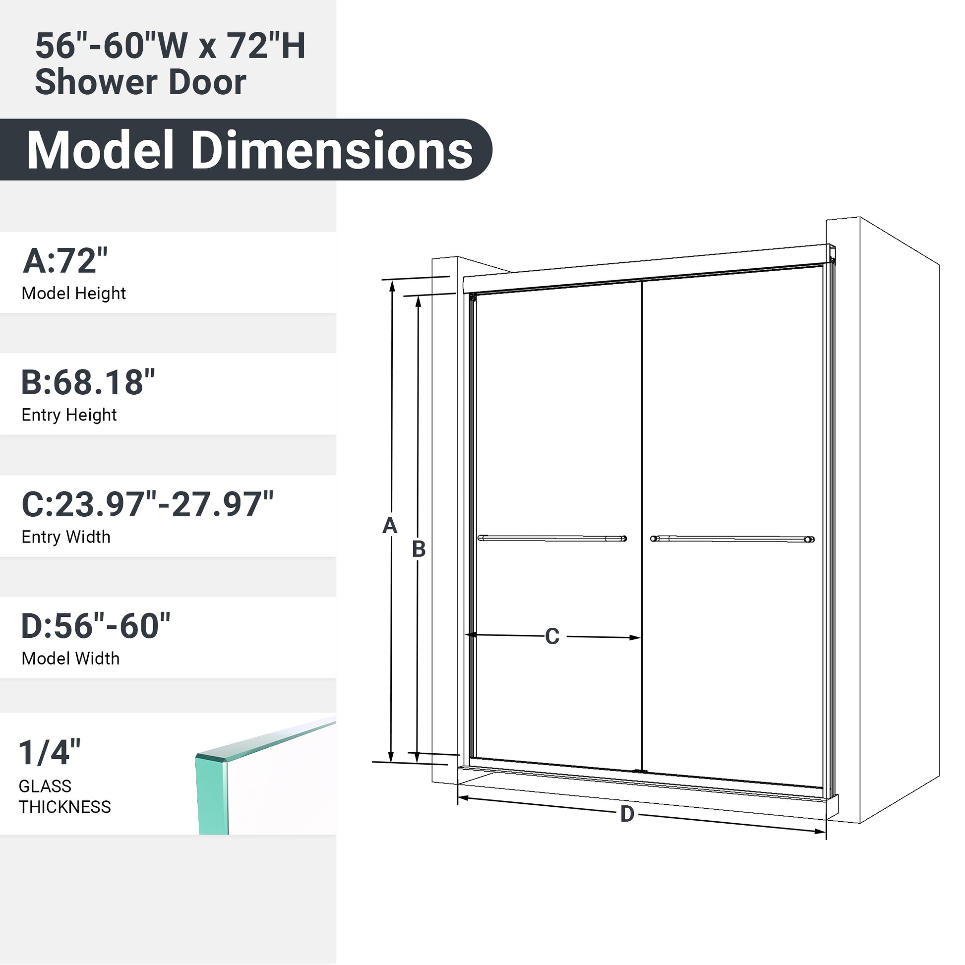 (NEW) 56"-60"W*72" H Semi-Frameless Double Sliding Shower Door, Bypass Shower Door, 1/4" (6mm) Thick SGCC Tempered Glass Door, Chrome image 11