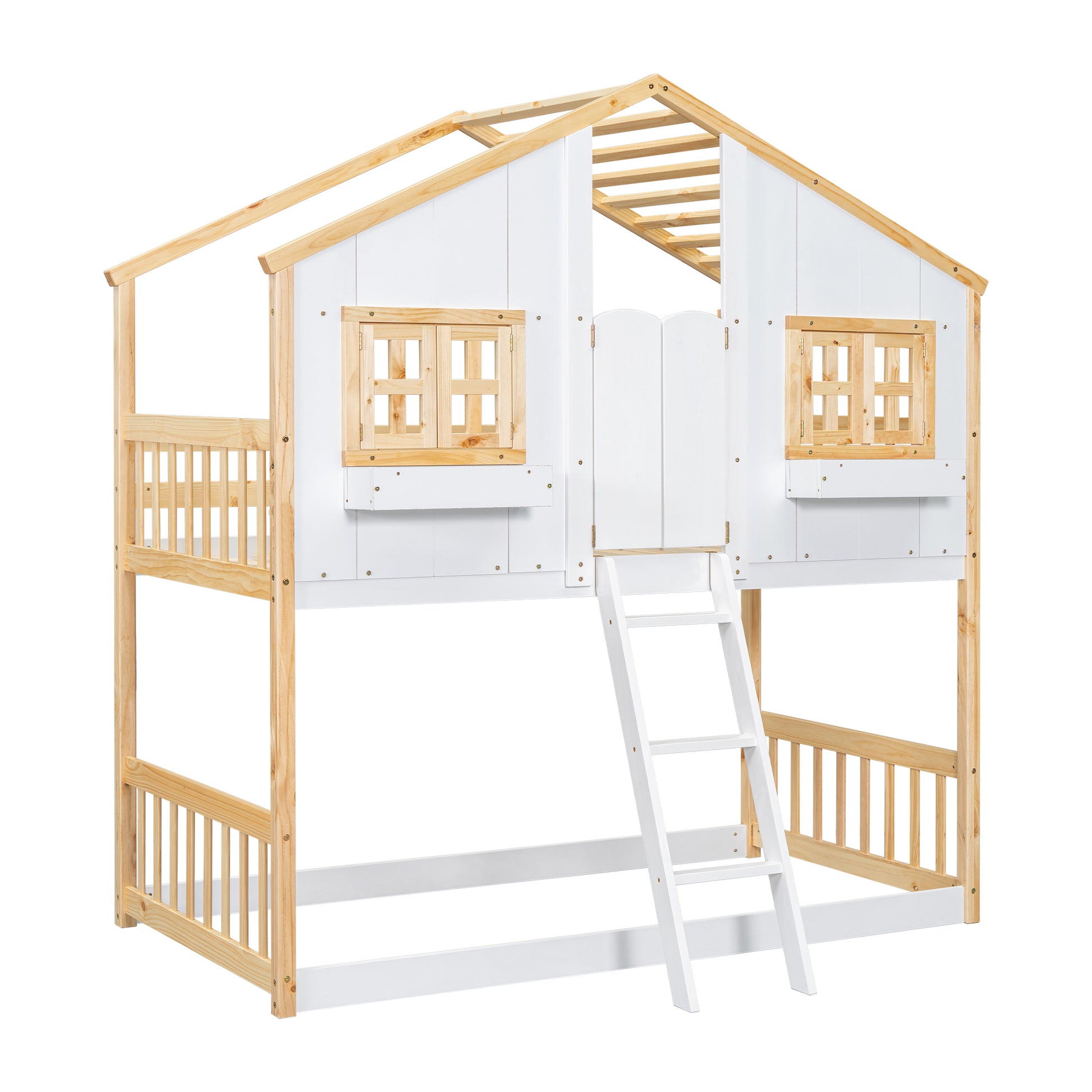 Twin over Twin House Bunk Bed with Roof, Window, Window Box, Door, with Safety Guardrails and Ladder, Natural/White image 4