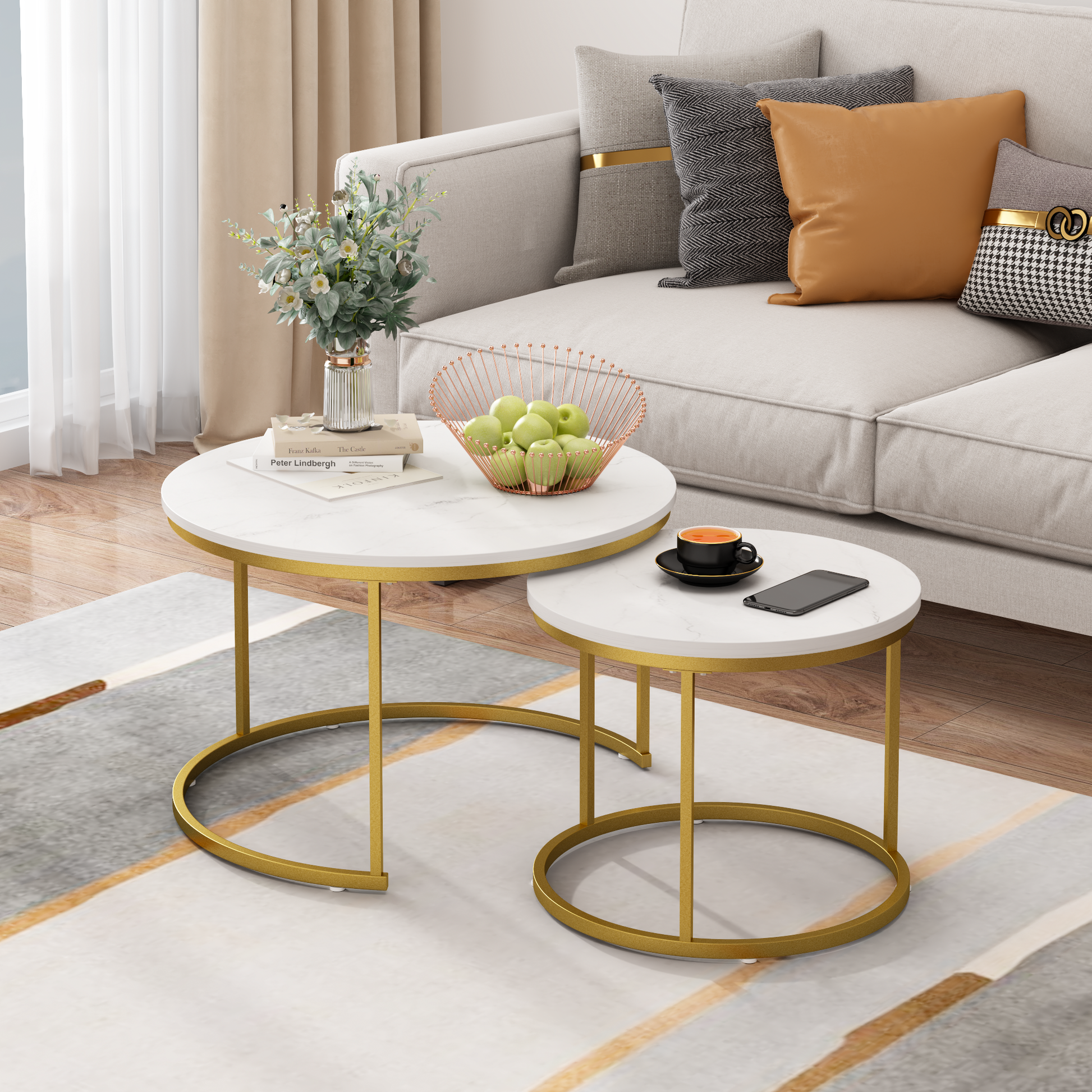 27.6in Nesting Coffee Table Set of 2, Round Coffee Table Wood Marble Pattern Top with Sturdy Metal Frame, End Table Side Tables for Living Room Bedroom Balcony Yard (White) image 1