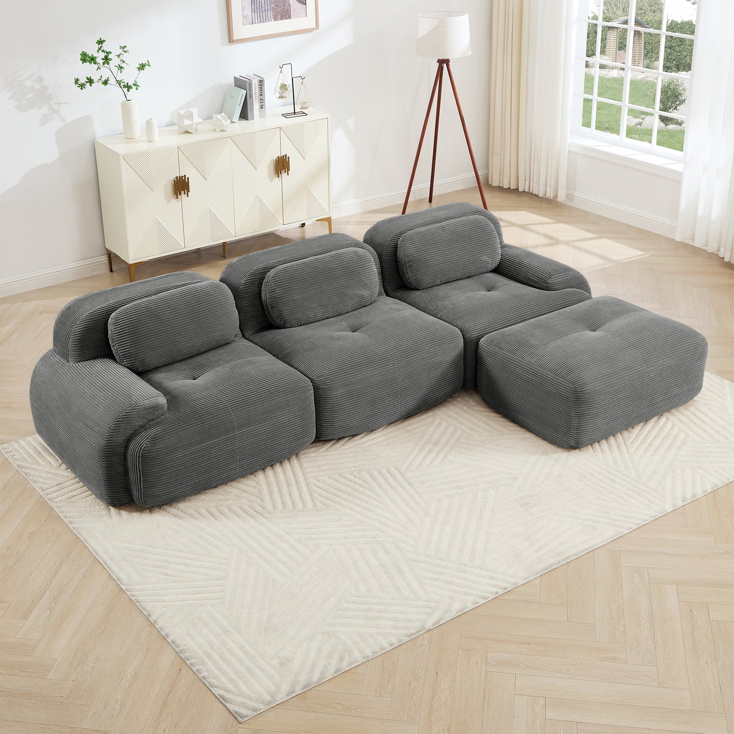L-shaped modular sofa no assembly ergonomic design pet-friendly luxuryCorduroy Fabric fabric extra-wide curved armrests 32D high-resilience sponge for living rooms bedroom,Grey image 1