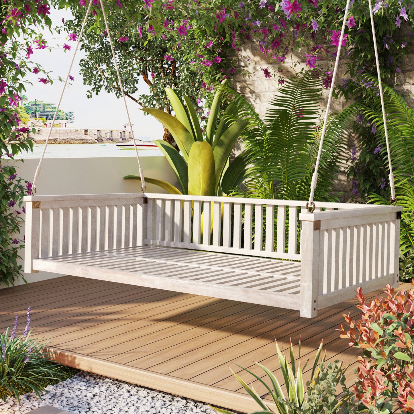 TOPMAX Patio Minimalist Twin Size Garden Swing Bed Wood Porch Swing with Ropes for Backyard, Safe Sloped Design, White image 1