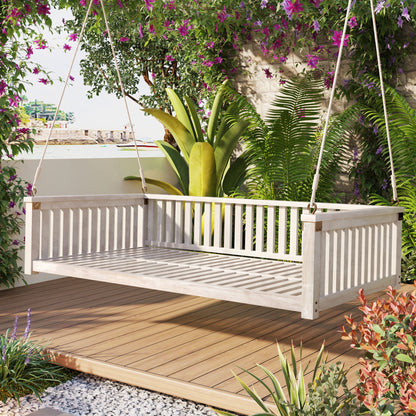 TOPMAX Patio Minimalist Twin Size Garden Swing Bed Wood Porch Swing with Ropes for Backyard, Safe Sloped Design, White image 1