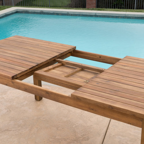 Extendable Acacia Wood Outdoor Dining Table, Teak Finish Rectangular Patio Expandable Table, Weather Resistant Slatted Top for Backyard Garden Porch, Adjustable Length 65.75"-85.43" image 11